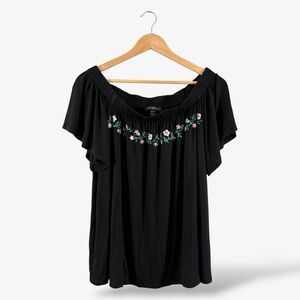 Lane Bryant Black Knit Top 18/20 Off Shoulder Embroidered Floral Casual Cottage